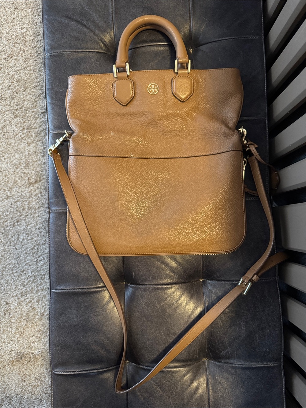 Tory Burch Brown Pebbled Leather Satchel with Removable Strap
